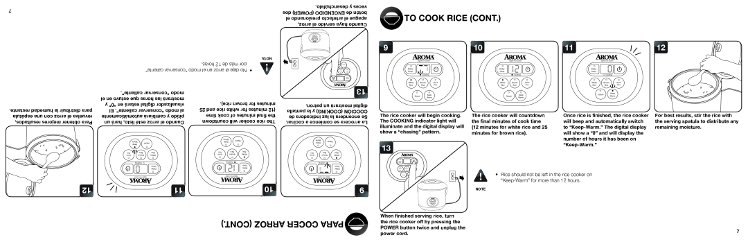Aroma ARC-1000A To Cook Rice Cont, Cont Arroz Cocer Para, pantalla la y COOKING COCCIÓN, The rice cooker will countdown 
