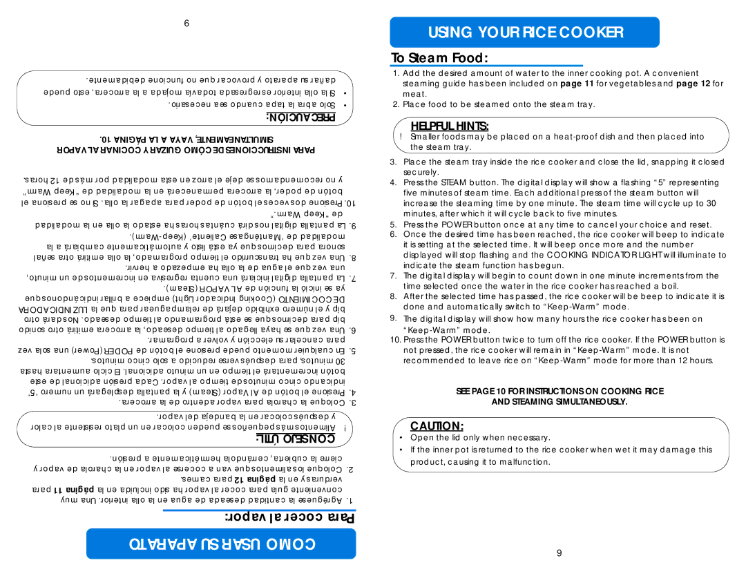 Aroma ARC-1010SB instruction manual To Steam Food, Helpful Hints 