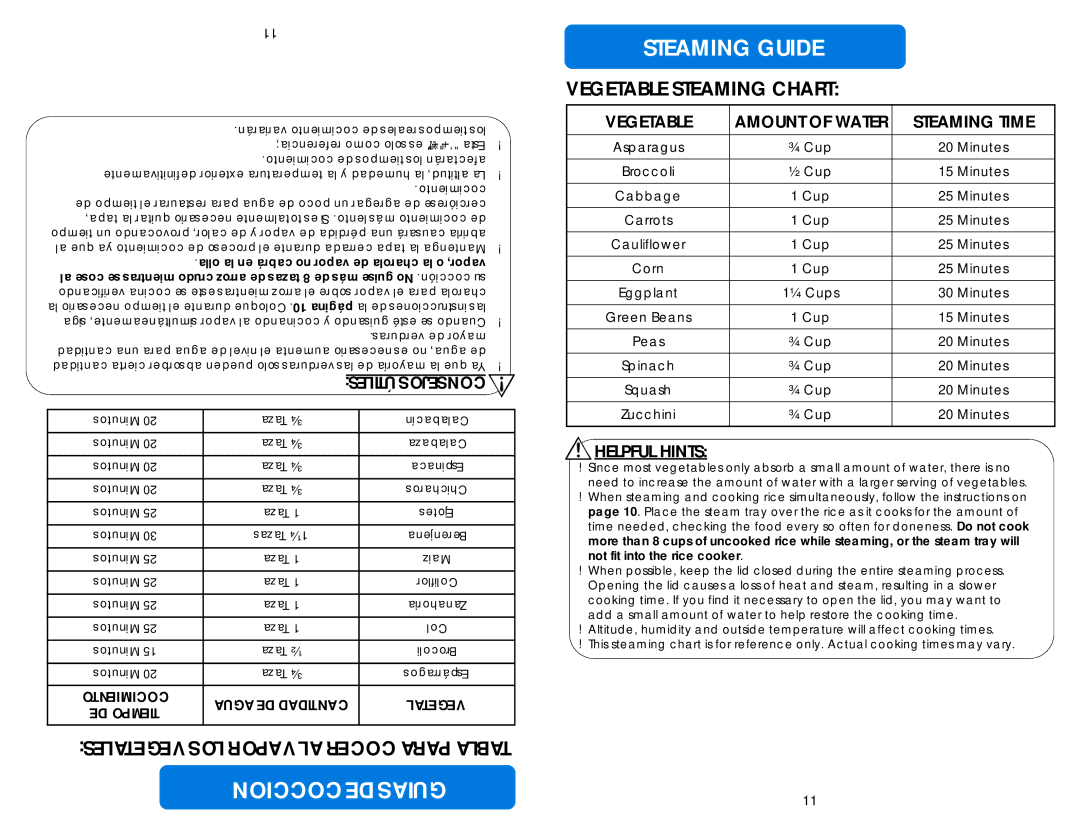 Aroma ARC-1010SB instruction manual Coccion DE Guias Steaming Guide, Vegetable Amount of Water Steaming Time, 10 página 