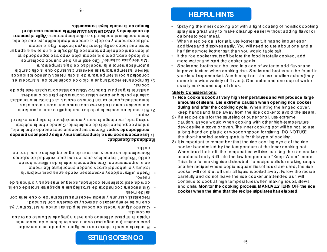 Aroma ARC-1010SB instruction manual Útiles Consejos Helpful Hints, Vapor ed catidadesn, Seguridad de Medidas 