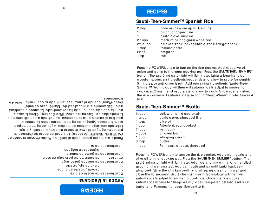 Aroma ARC-1010SB instruction manual Recetas Recipes, Sauté-Then-Simmer Spanish Rice, Sauté-Then-Simmer Risotto 