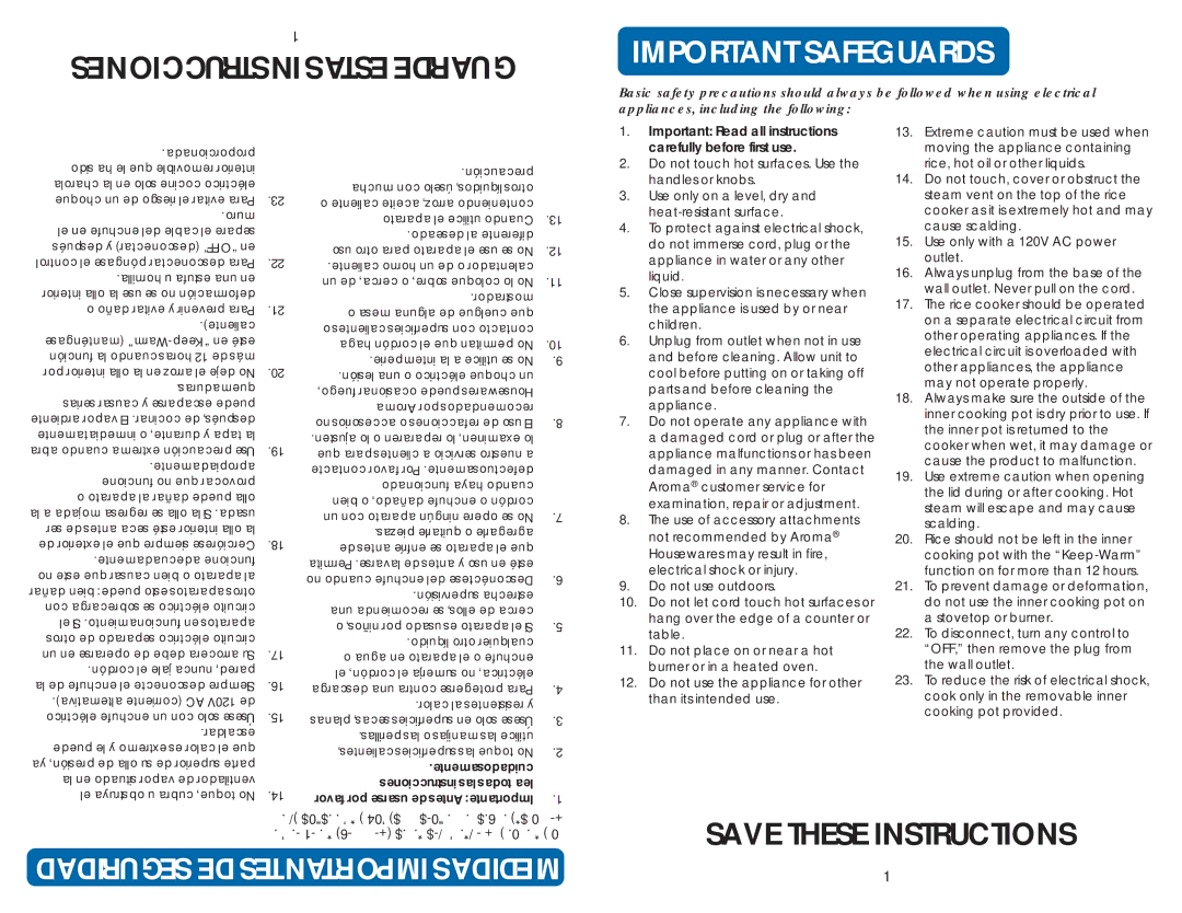 Aroma ARC-1010SB instruction manual Important Read all instructions, Carefully before first use 