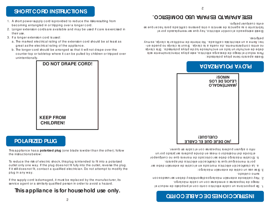 Aroma ARC-1010SB instruction manual Short Cord Instructions, Polarized Plug, Corto Cable DE Instrucciones 