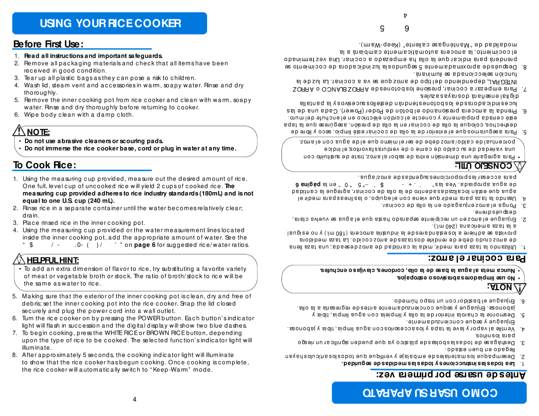 Aroma ARC-1010SB Using Your Rice Cooker, Aparato SU Usar Como, Before First Use, To Cook Rice, Arroz el cocinar Para 