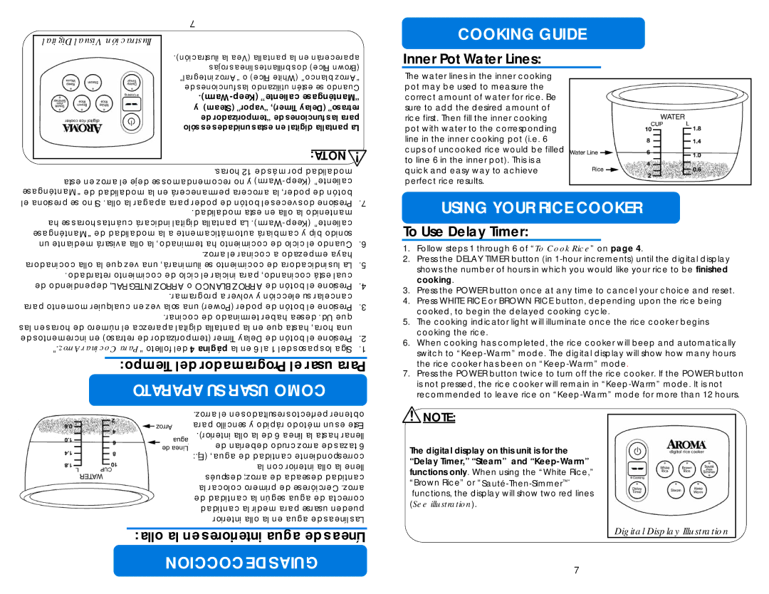 Aroma ARC-1010SB instruction manual Coccion DE Guias Cooking Guide, Inner Pot Water Lines, To Use Delay Timer, Página 