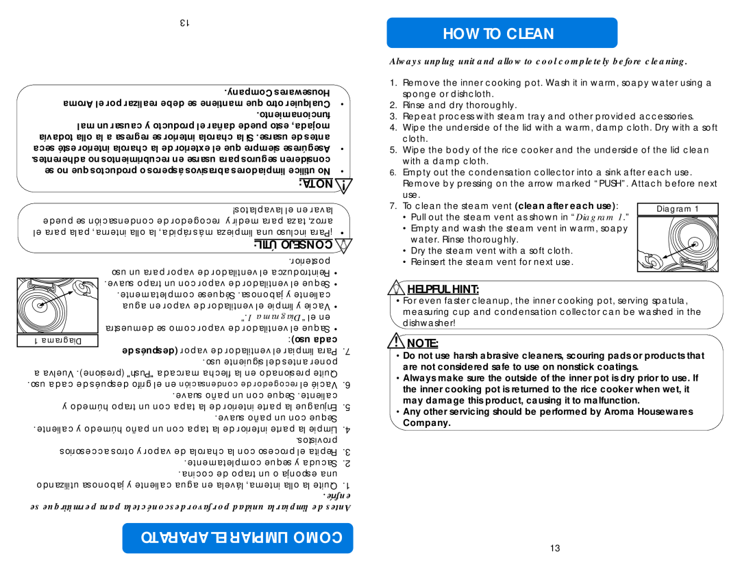 Aroma ARC-1010SB Aparato El Limpiar Como, How To Clean, Nota, Helpful Hint, Útil Consejo, “1elDiagramaen, enfríe 
