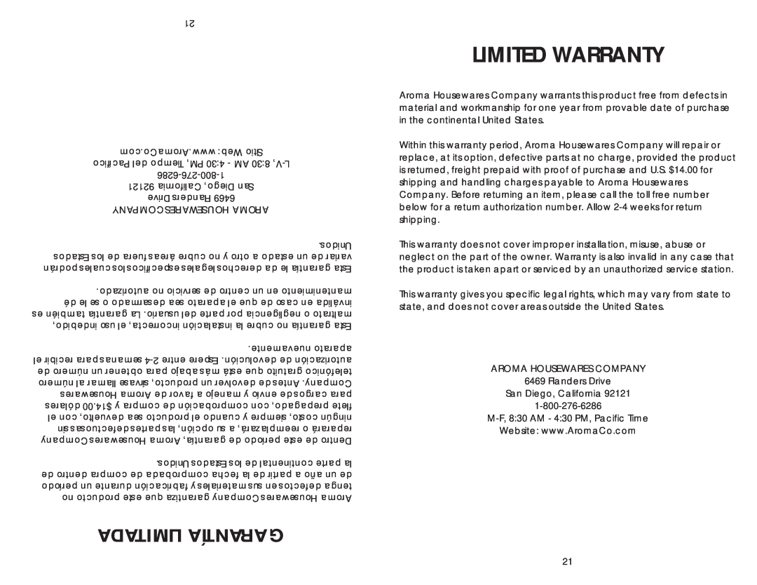 Aroma ARC-1010SB instruction manual Limited Warranty, Limitada Garantía 