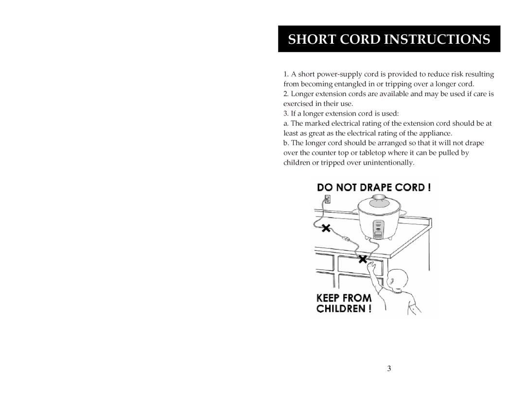 Aroma ARC-1024E instruction manual Short Cord Instructions 