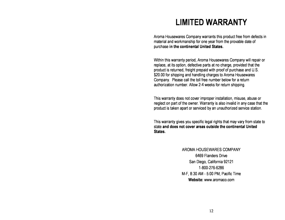 Aroma ARC-1024E instruction manual Limited Warranty 