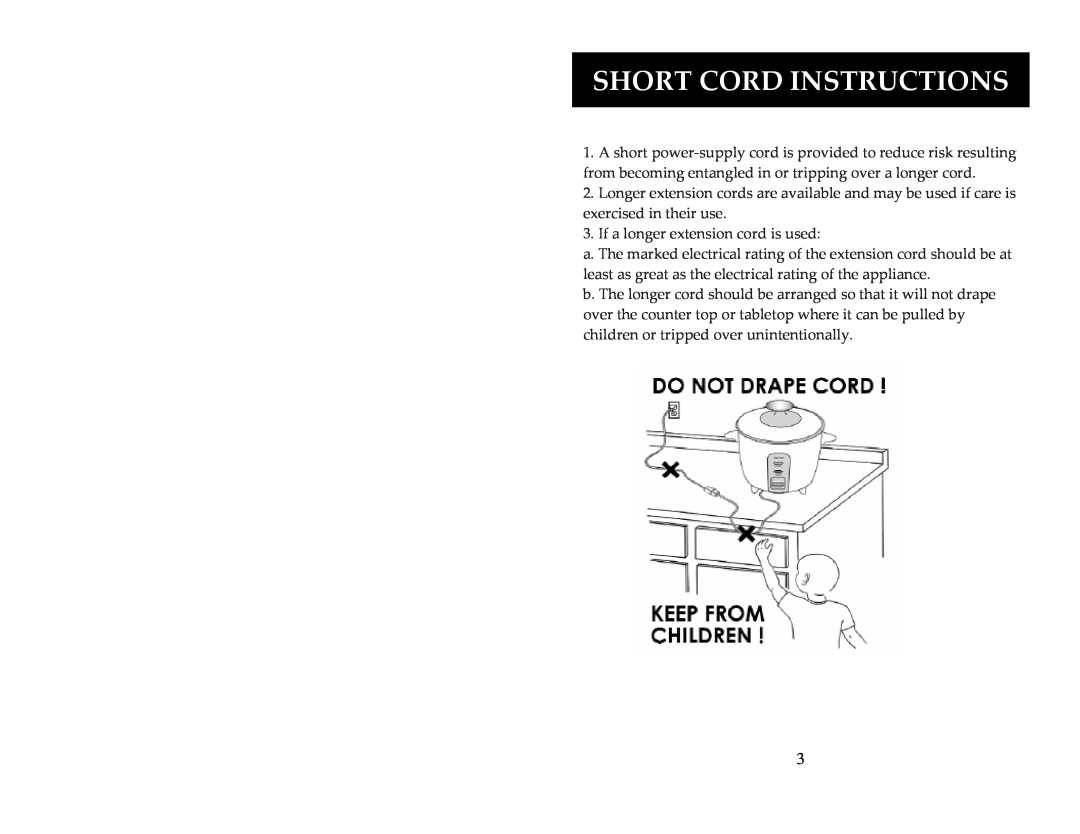 Aroma ARC-1024E instruction manual Short Cord Instructions 