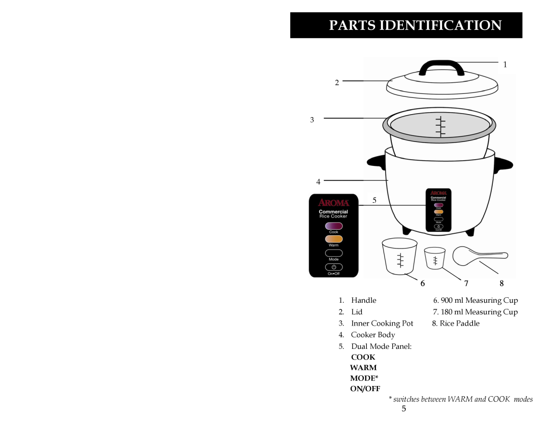 Aroma ARC-1024E Parts Identification, Handle, Inner Cooking Pot, Rice Paddle, Cooker Body 5.Dual Mode Panel 