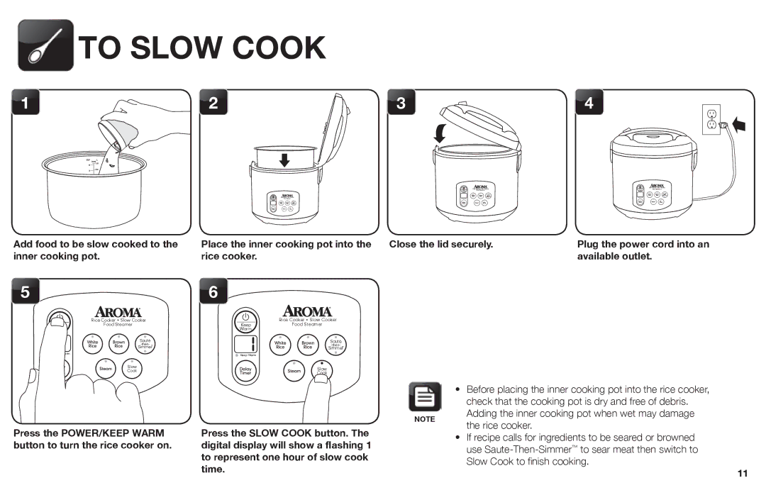 Aroma ARC-1030SB instruction manual To Slow Cook, Rice cooker Available outlet 