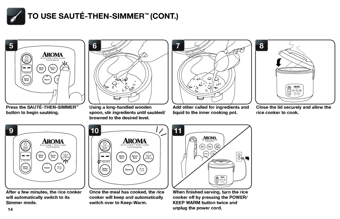 Aroma ARC-1030SB instruction manual To USE SAUTÉ-THEN-SIMMERCONT, Browned to the desired level 