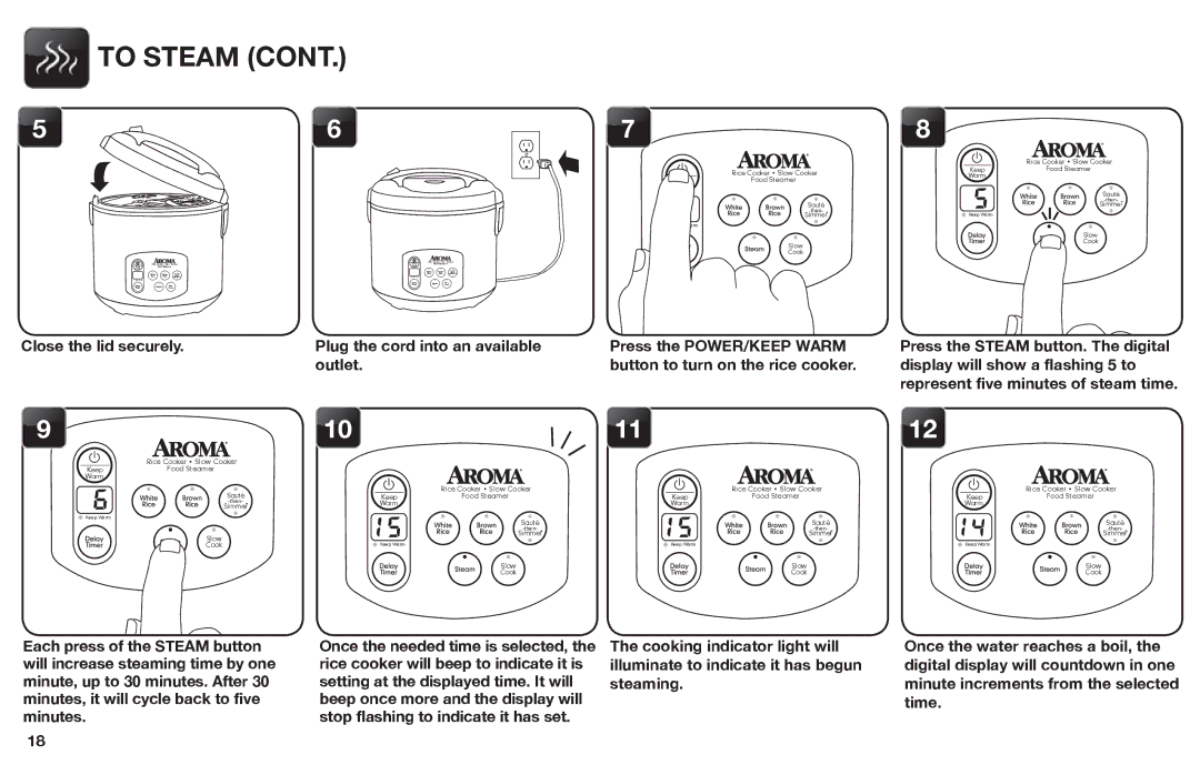 Aroma ARC-1030SB instruction manual To Steam 