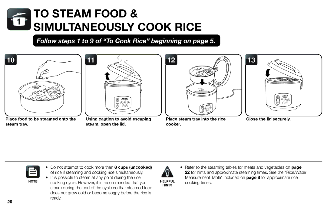 Aroma ARC-1030SB instruction manual To Steam Food Simultaneously Cook Rice, Cooker 