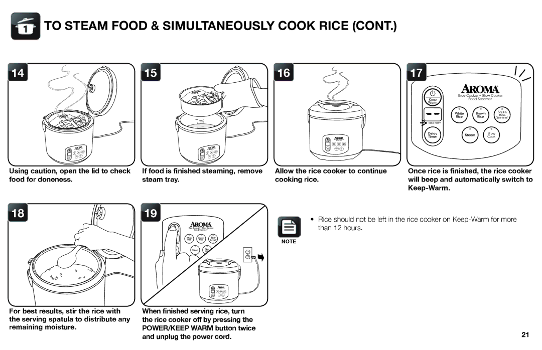 Aroma ARC-1030SB instruction manual To Steam Food & Simultaneously Cook Rice 