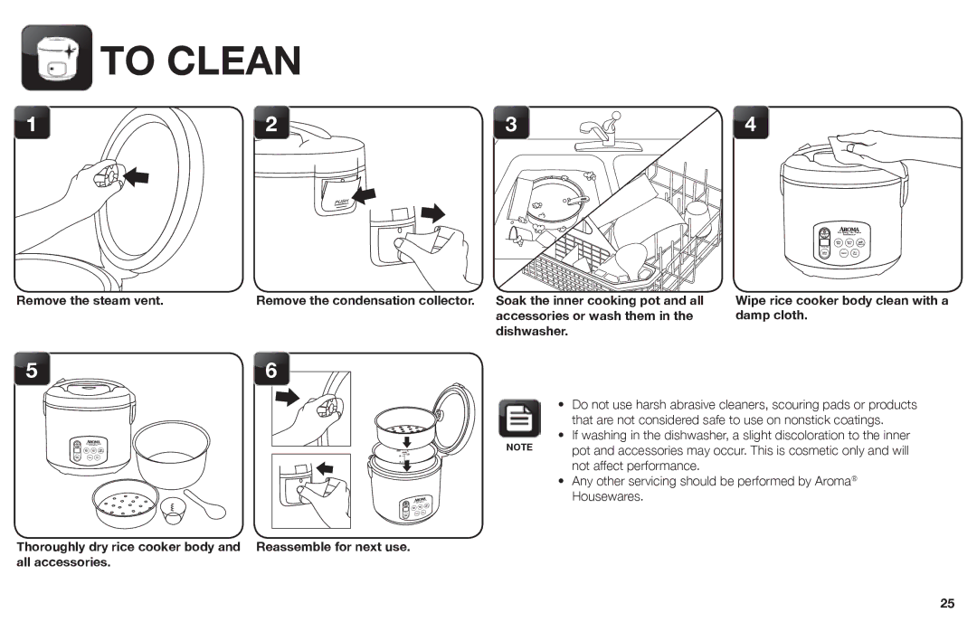 Aroma ARC-1030SB instruction manual To Clean, Remove the steam vent, Dishwasher 