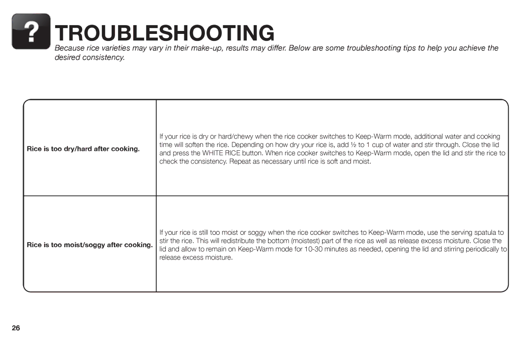 Aroma ARC-1030SB instruction manual Troubleshooting, Rice is too dry/hard after cooking 