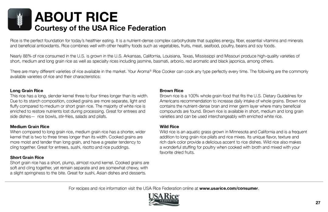 Aroma ARC-1030SB instruction manual About Rice 