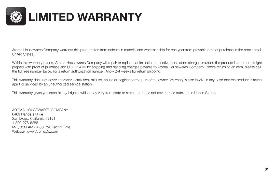 Aroma ARC-1030SB instruction manual Limited Warranty 