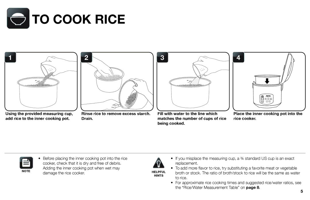 Aroma ARC-1030SB instruction manual To Cook Rice, Damage the rice cooker 