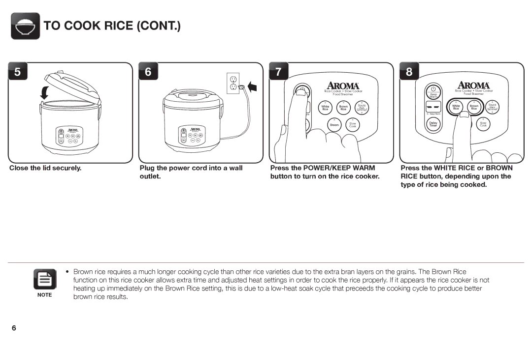 Aroma ARC-1030SB instruction manual To Cook Rice, Outlet Button to turn on the rice cooker, Type of rice being cooked 