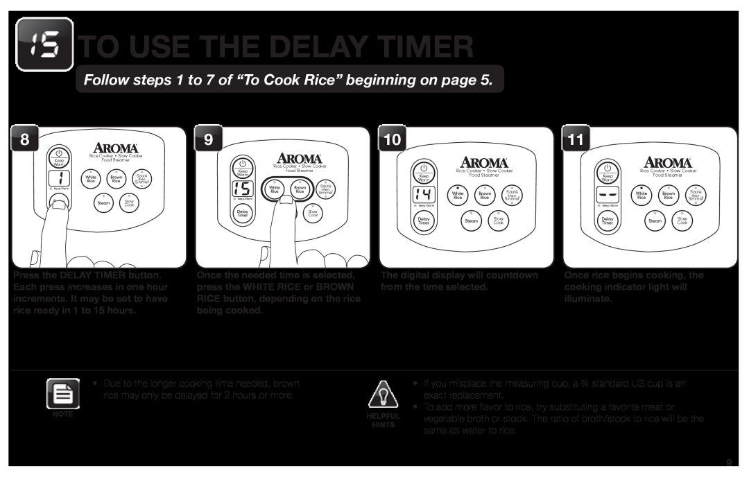 Aroma ARC-1030SB instruction manual To Use The Delay Timer, Follow steps 1 to 7 of “To Cook Rice” beginning on page 