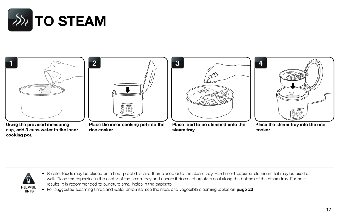 Aroma ARC-1030SB instruction manual To Steam 