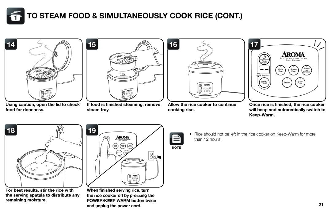 Aroma ARC-1030SB instruction manual To Steam Food & Simultaneously Cook Rice Cont 