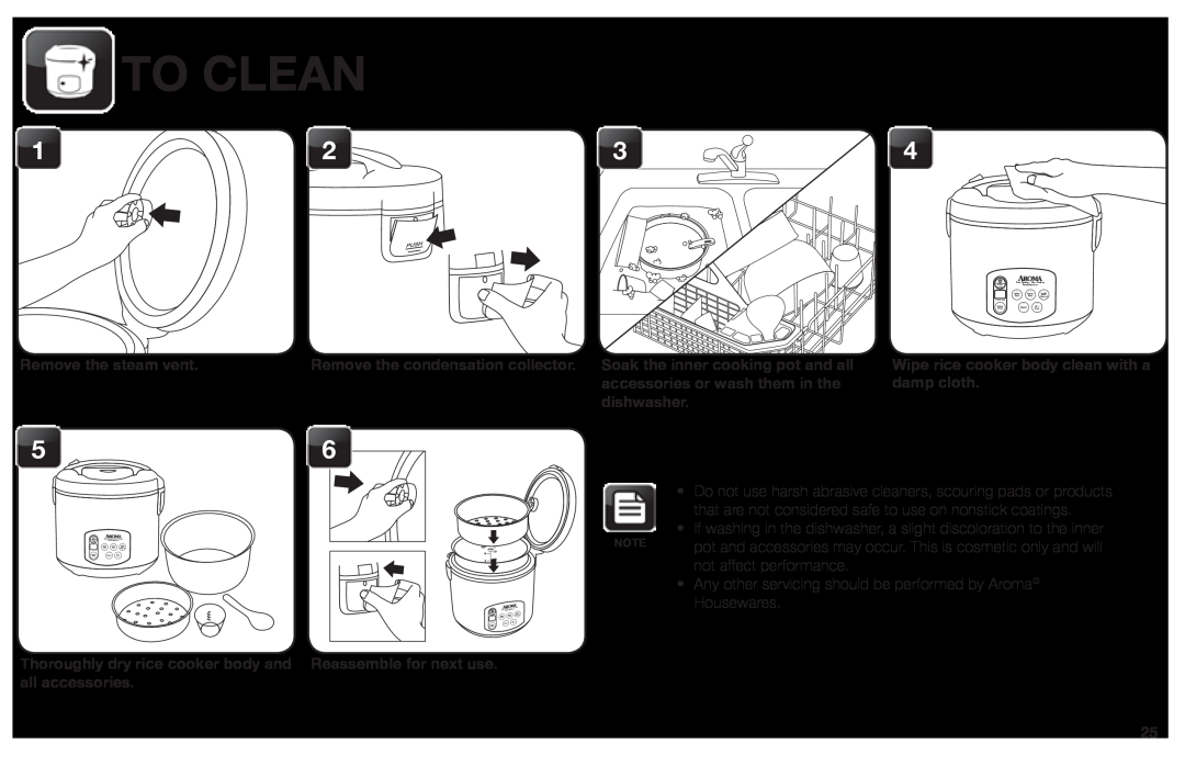 Aroma ARC-1030SB To Clean, Remove the steam vent, dishwasher, Wipe rice cooker body clean with a damp cloth 