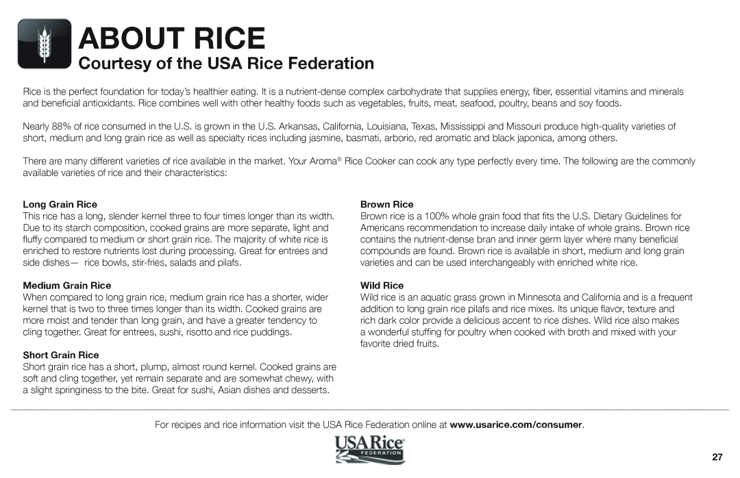 Aroma ARC-1030SB instruction manual About Rice, Courtesy of the USA Rice Federation 