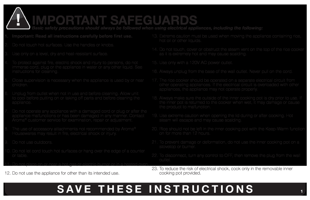Aroma ARC-1030SB instruction manual Important Safeguards, S A V E T H E S E I N S T R U C T I O N S 