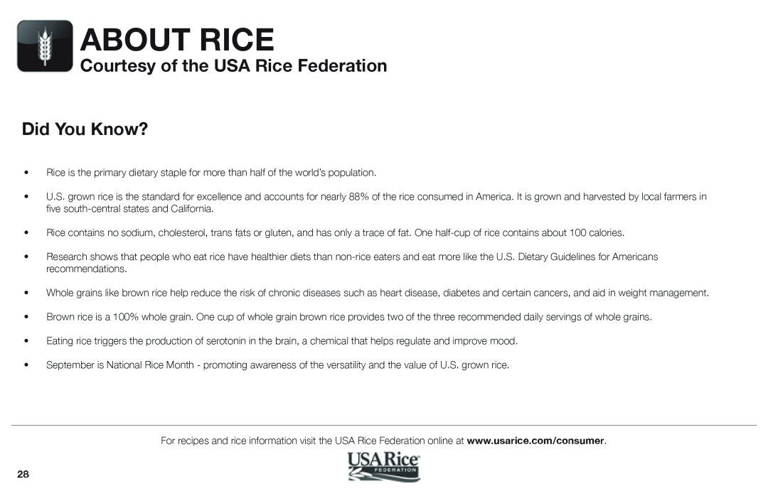 Aroma ARC-1030SB instruction manual Courtesy of the USA Rice Federation Did You Know?, About Rice 