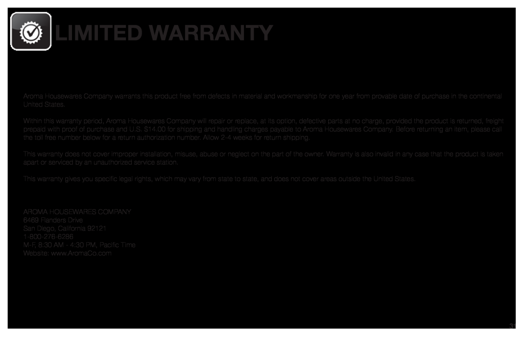 Aroma ARC-1030SB instruction manual Limited Warranty 