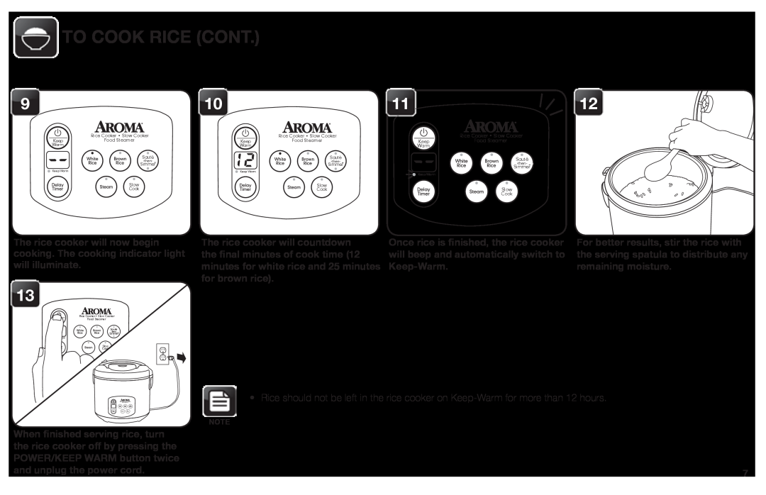 Aroma ARC-1030SB instruction manual To Cook Rice Cont, The rice cooker will countdown 