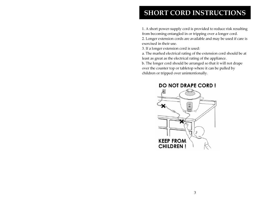 Aroma ARC-1033E instruction manual Short Cord Instructions 