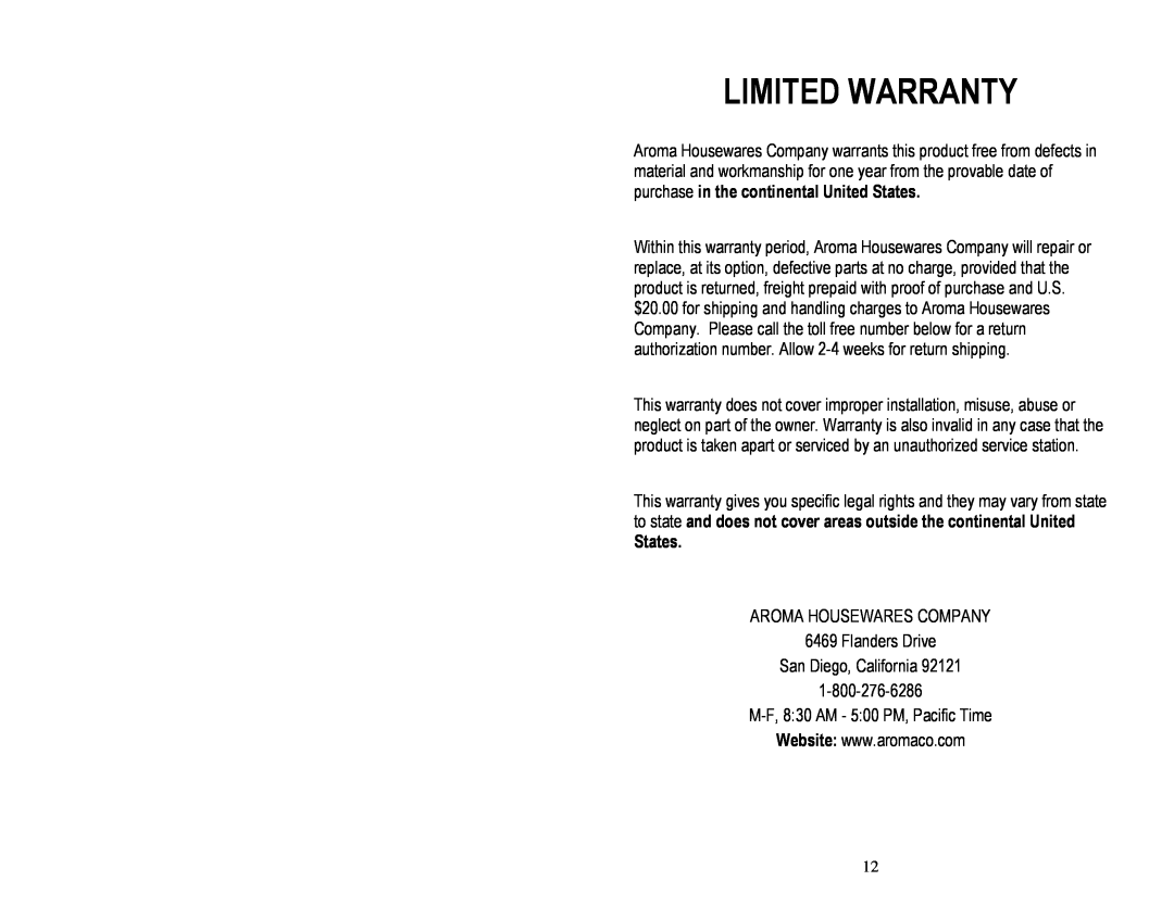 Aroma ARC-1033E instruction manual Limited Warranty 
