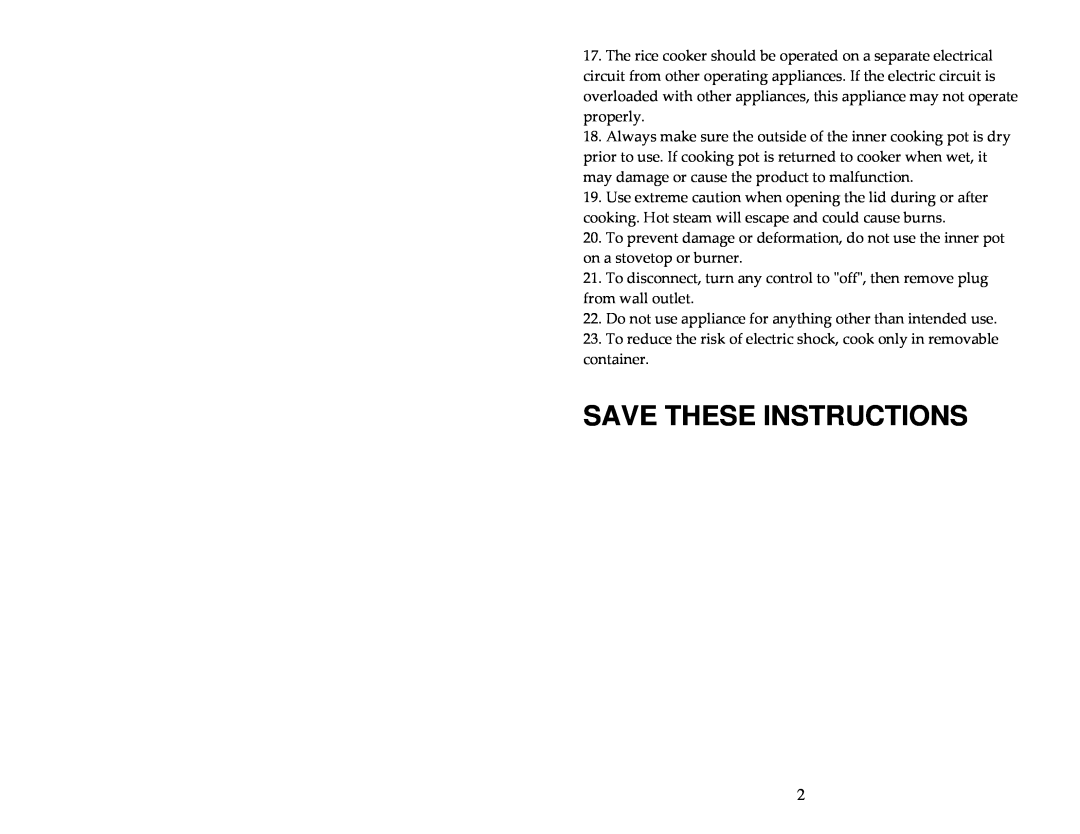 Aroma ARC-1033E instruction manual Save These Instructions 