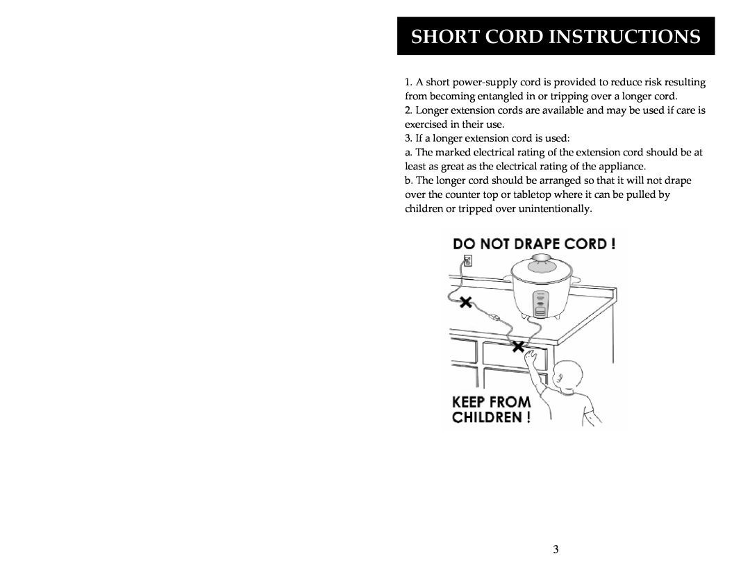 Aroma ARC-1033E instruction manual Short Cord Instructions 