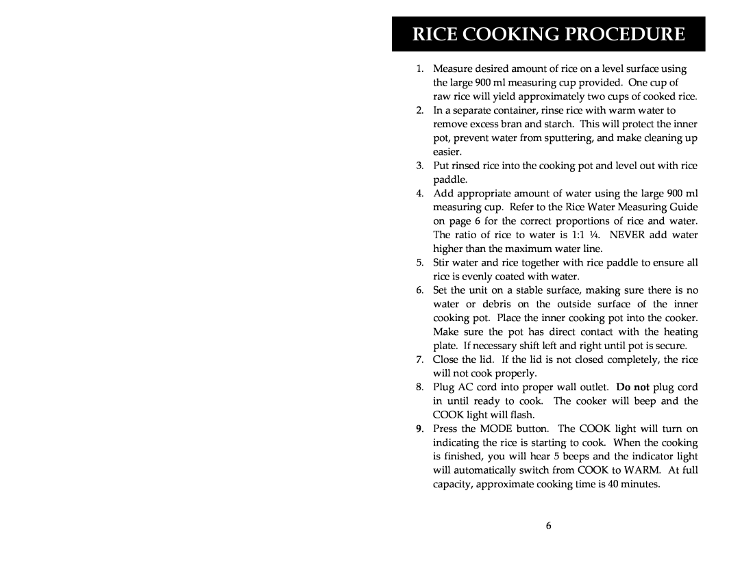 Aroma ARC-1033E instruction manual Rice Cooking Procedure 