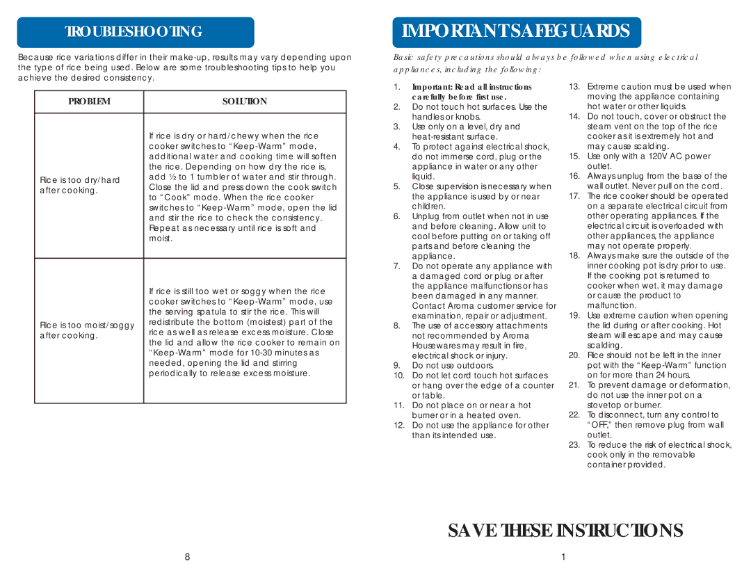 Aroma ARC-1130S instruction manual Troubleshooting, Problemsolution 