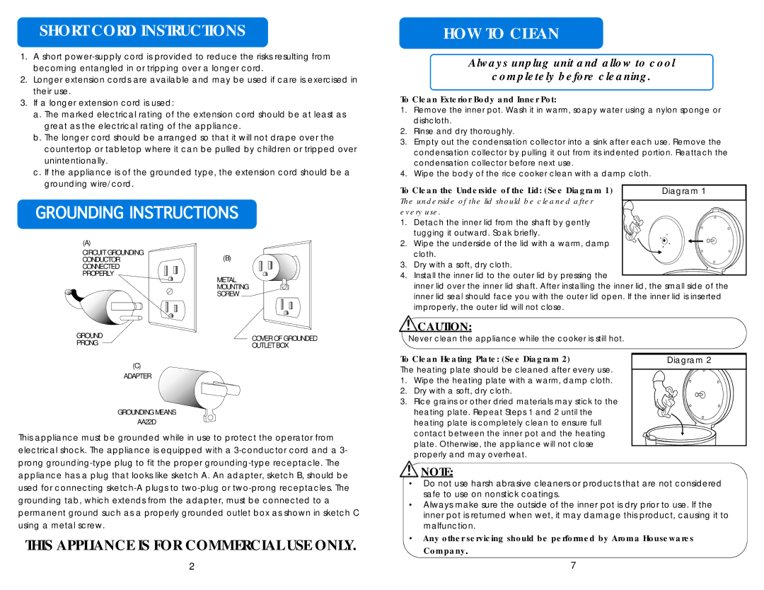 Aroma ARC-1130S instruction manual Short Cord Instructions, HOW to Clean 