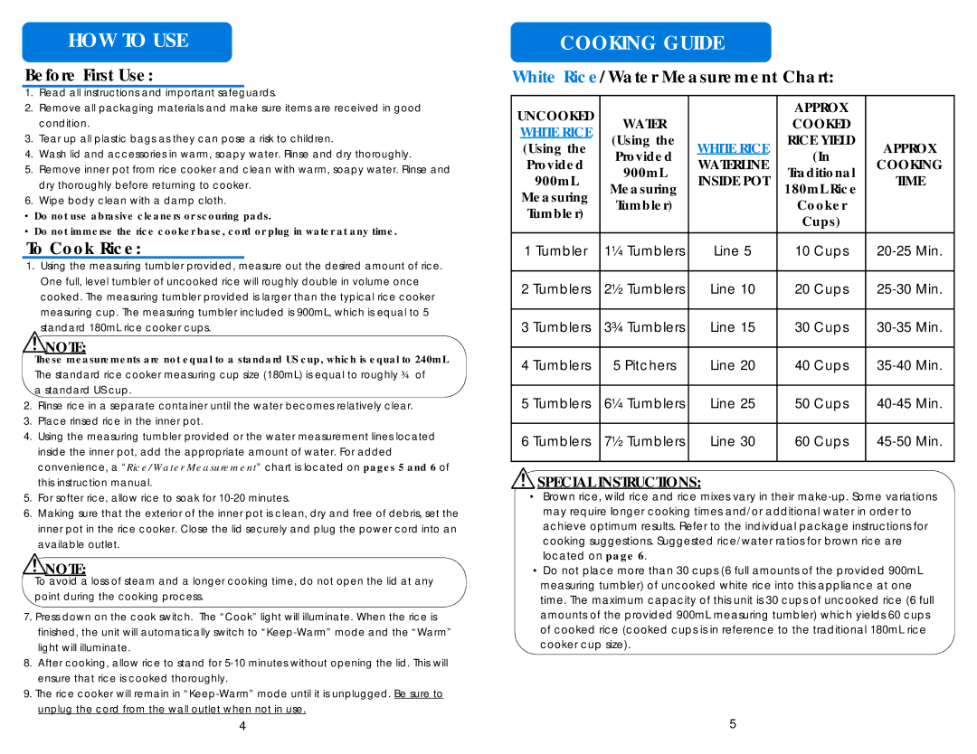 Aroma ARC-1130S instruction manual HOW to USE, Before First Use, White Rice/Water Measurement Chart 