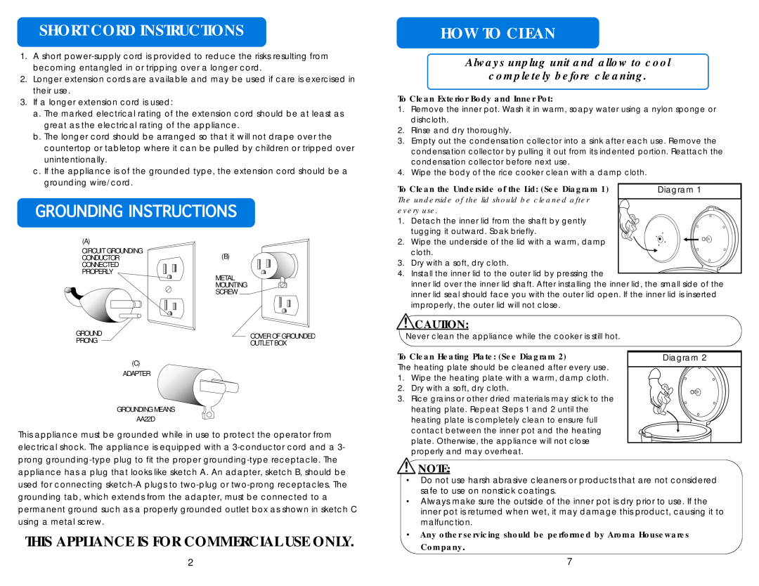 Aroma ARC-1130S Short Cord Instructions, Groundinginstructions, How To Clean, This Appliance Is For Commercial Use Only 