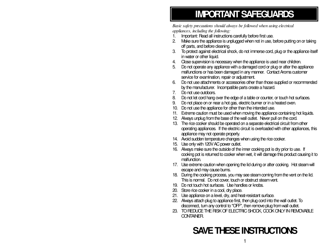 Aroma ARC-1260F instruction manual Important Safeguards 