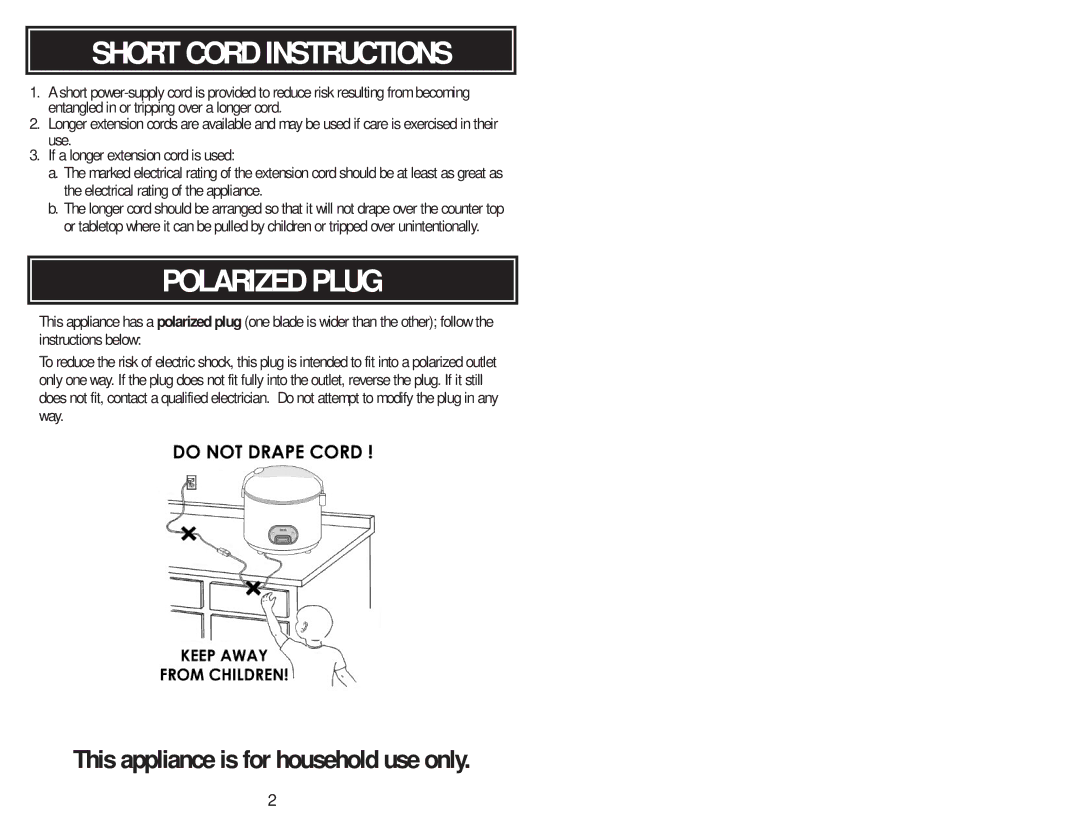 Aroma ARC-1260F instruction manual Short Cord Instructions, Polarized Plug 