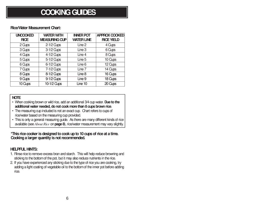 Aroma ARC-1260F instruction manual Cooking Guides, Rice/Water Measurement Chart 