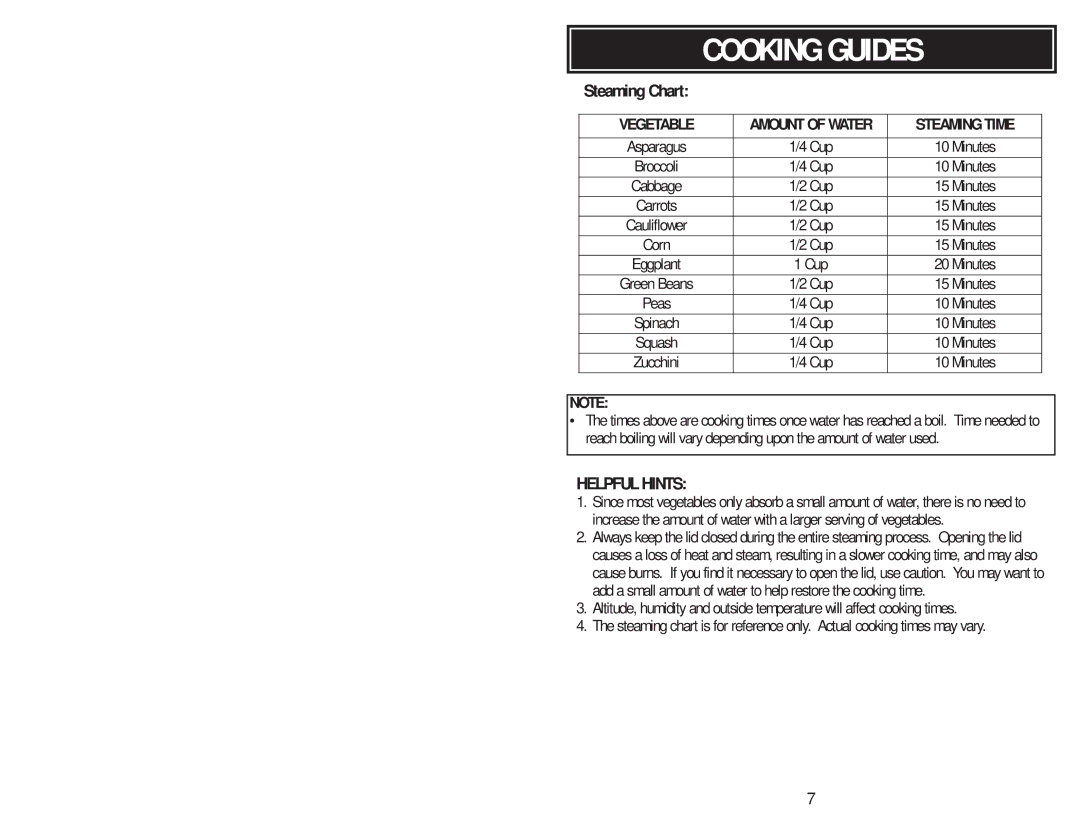 Aroma ARC-1260F instruction manual Steaming Chart 