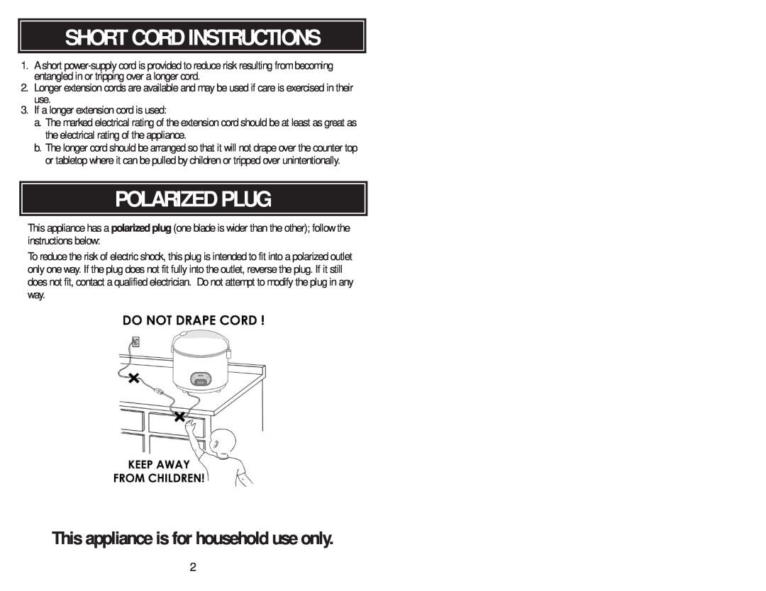 Aroma ARC-1260F instruction manual Short Cord Instructions, Polarized Plug, This appliance is for household use only 