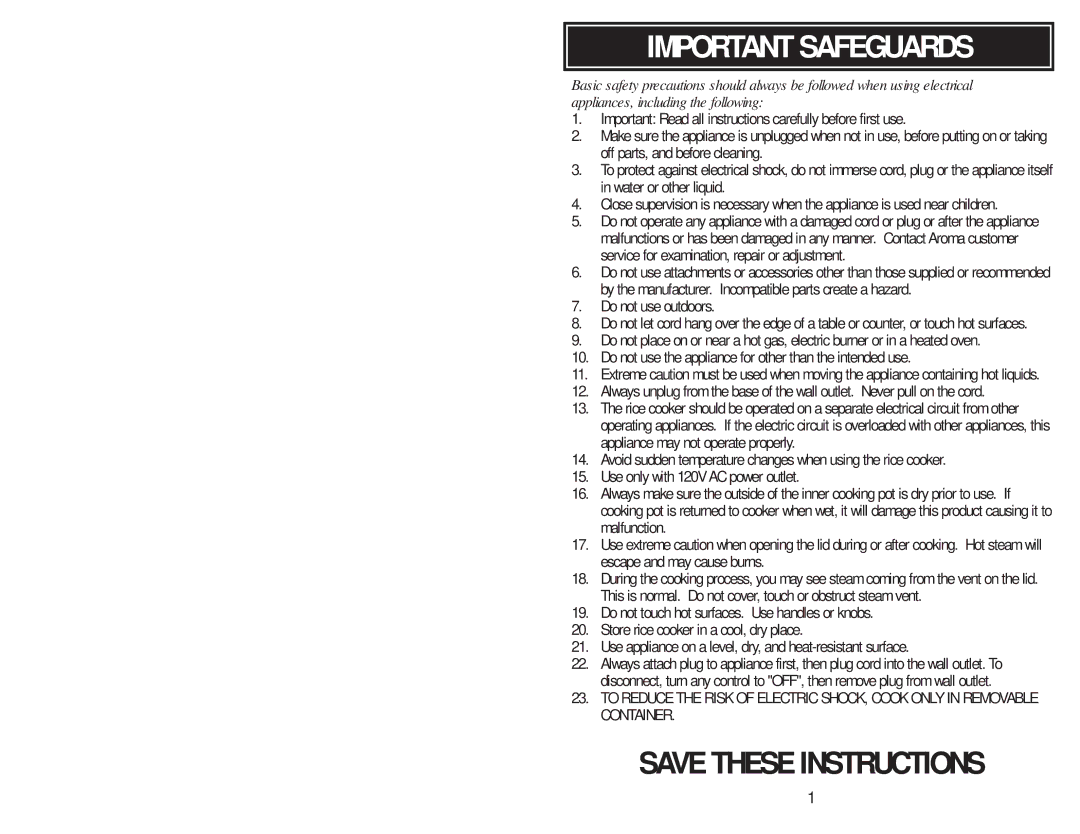 Aroma ARC-1266F instruction manual Important Safeguards 